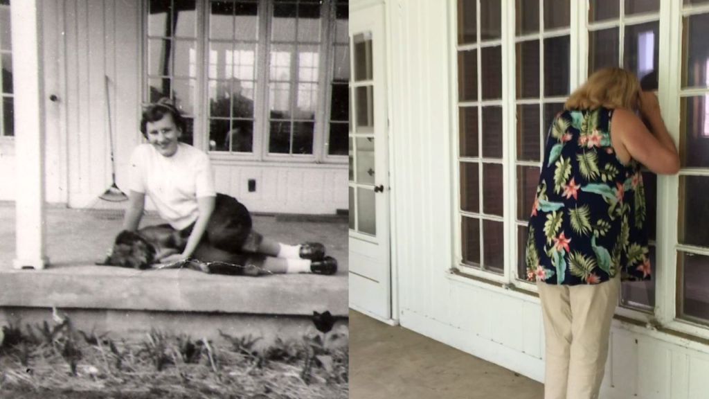 Young Mom on porch going back to your childhood home